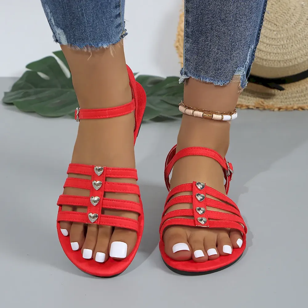 Women Fashion Casual Solid Color Heart Buckle Round-Toe Flat Sandals
