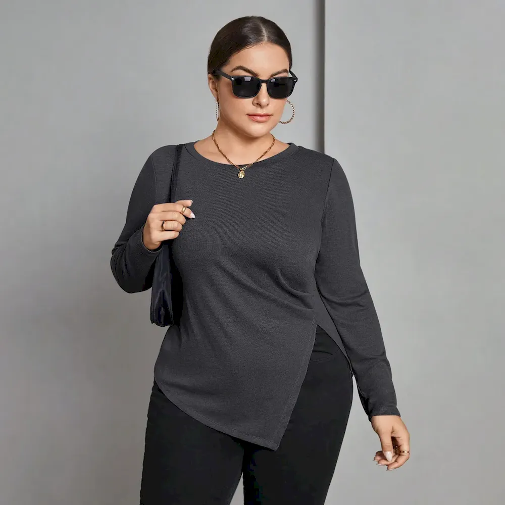 Women Fashion Casual Irregular Plus Size Long-Sleeve Split T-Shirt