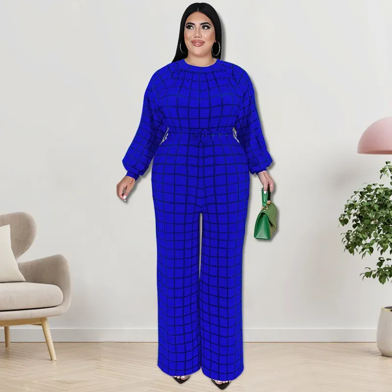 Women Fashion Casual Grid Printed Plus Size Long Sleeve Jumpsuits