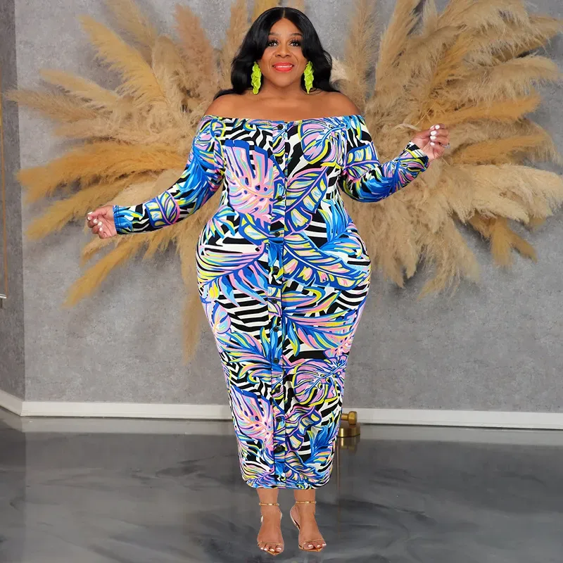Women Fashion Sexy Plus Size Printed Off Shoulder Long Sleeve Slim Fit Dress