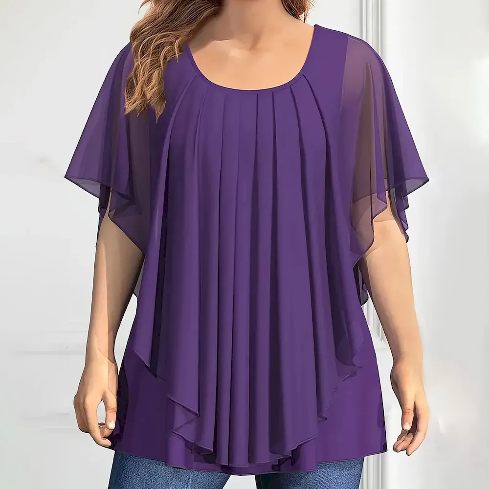 Women Fashion Casual Solid Color Plus Size Pleated Short Sleeve Loose T-Shirt