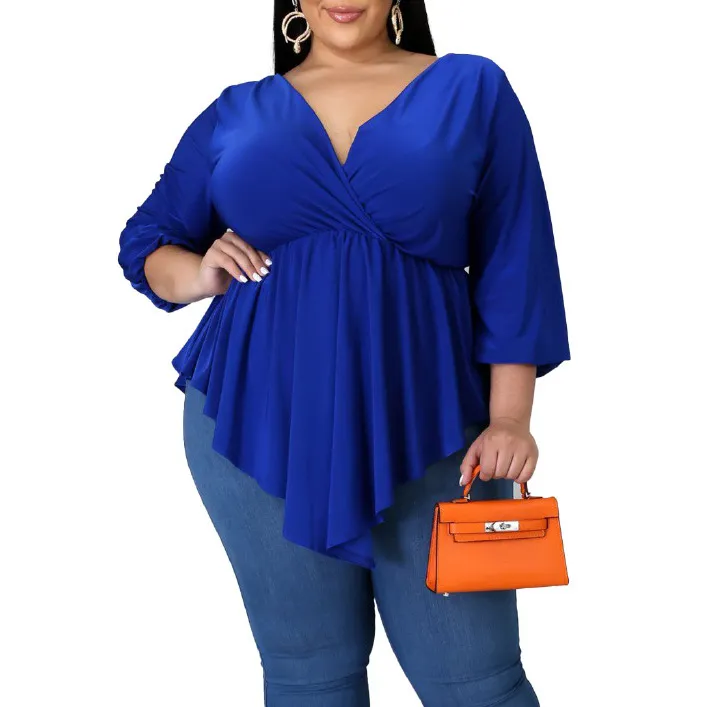 Women Fashion Casual Irregular Plus Size V-Neck Long Sleeve Pleated T-Shirt
