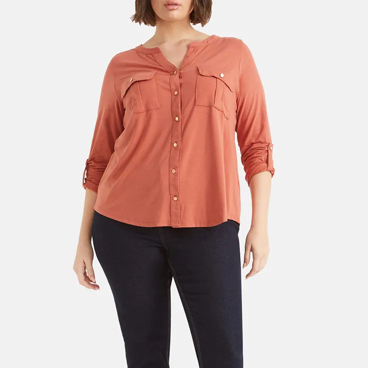 Women Fashion Casual Plus Size V-Neck Long-Sleeve Pockets T-Shirt