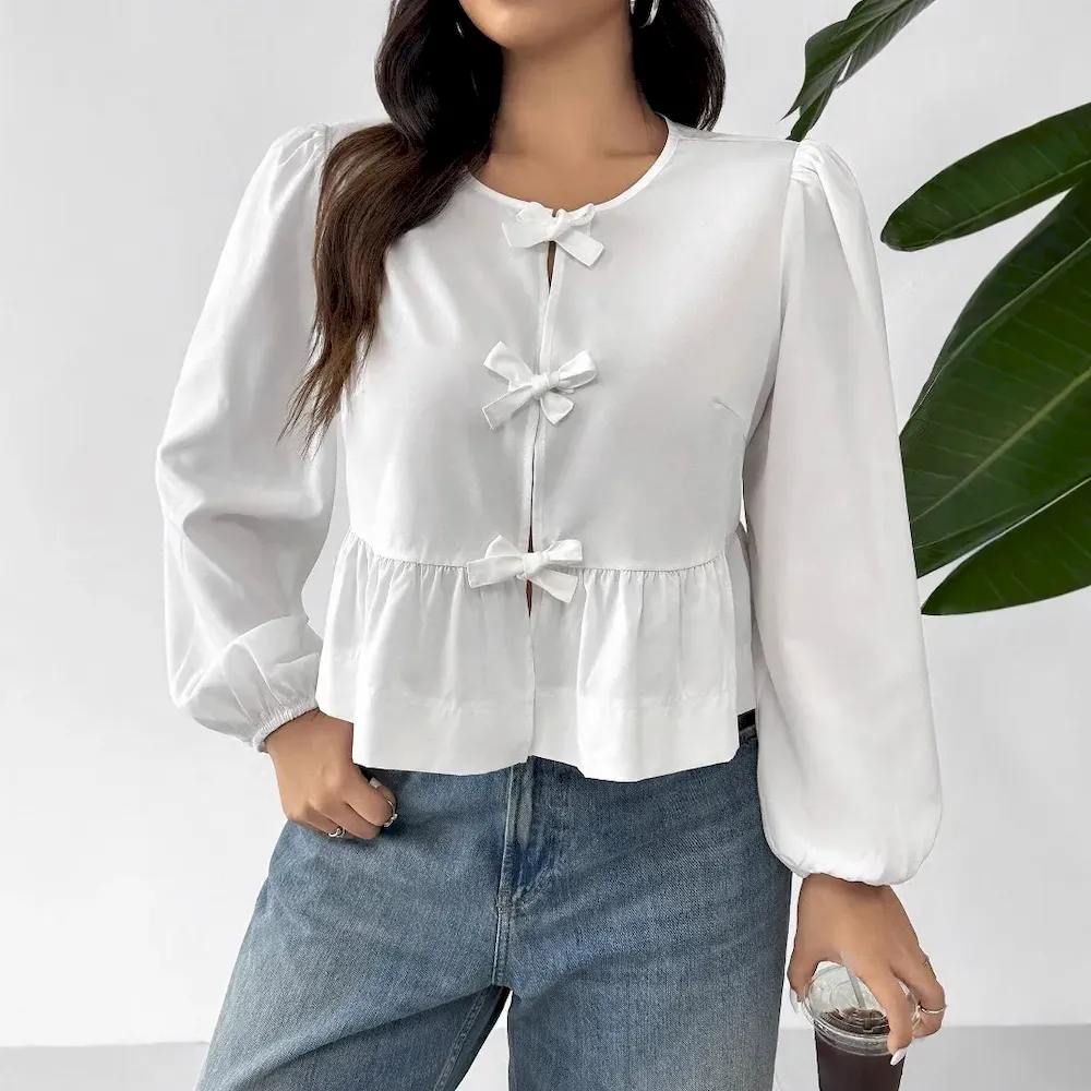 Women Fashion Elegant Plus Size Solid Color Bowknot Long Sleeve Pleated Blouse