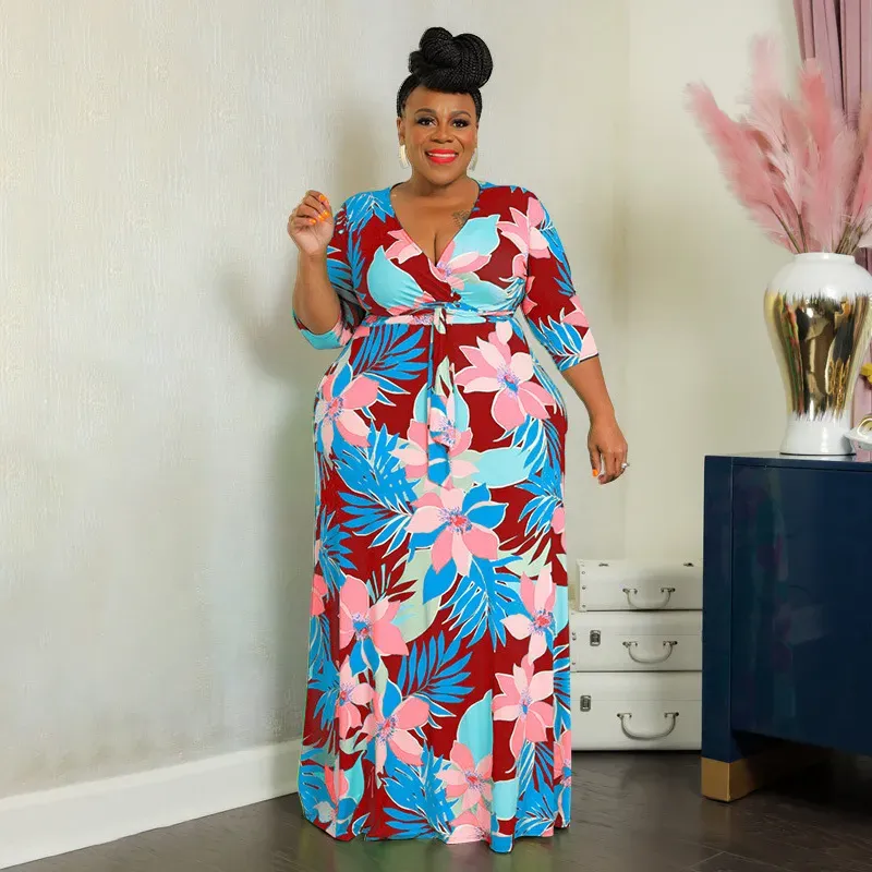 Women Fashion Casual Plus Size Floral Printed V-Neck Long-Sleeve Lace-Up Dress