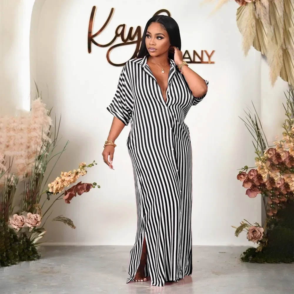 Women Fashion Causal Plus Size Stripe Lapel Short-Sleeve Single Breasted Loose Dress