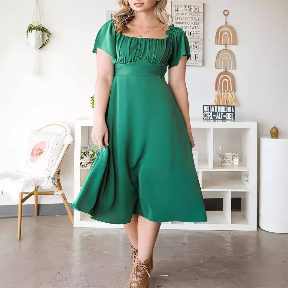 Women Fashion Elegant Plus Size Pleated Square Neck Short-Sleeve Lace-Up Dress