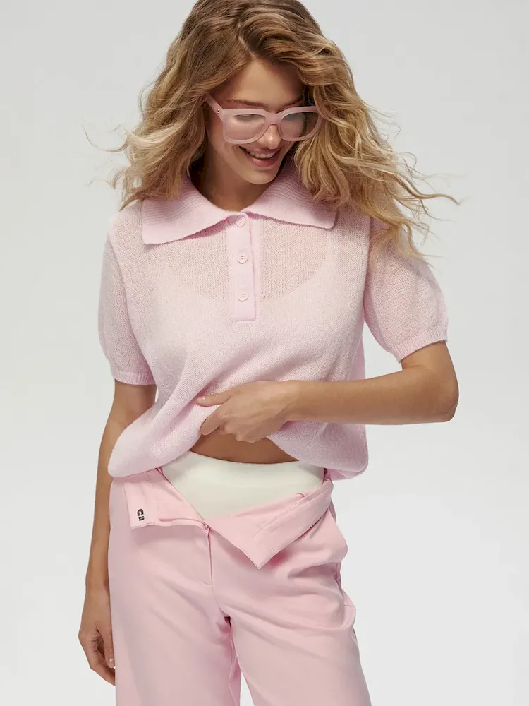 Women Fashion Casual Solid Color Hollow-Out Lapel Short-Sleeve Knitwear - Image 3