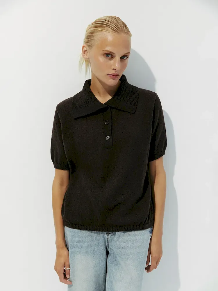 Women Fashion Casual Solid Color Hollow-Out Lapel Short-Sleeve Knitwear - Image 4