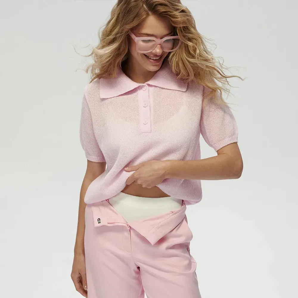 Women Fashion Casual Solid Color Hollow-Out Lapel Short-Sleeve Knitwear - Image 6