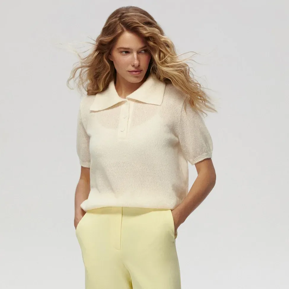 Women Fashion Casual Solid Color Hollow-Out Lapel Short-Sleeve Knitwear - Image 7