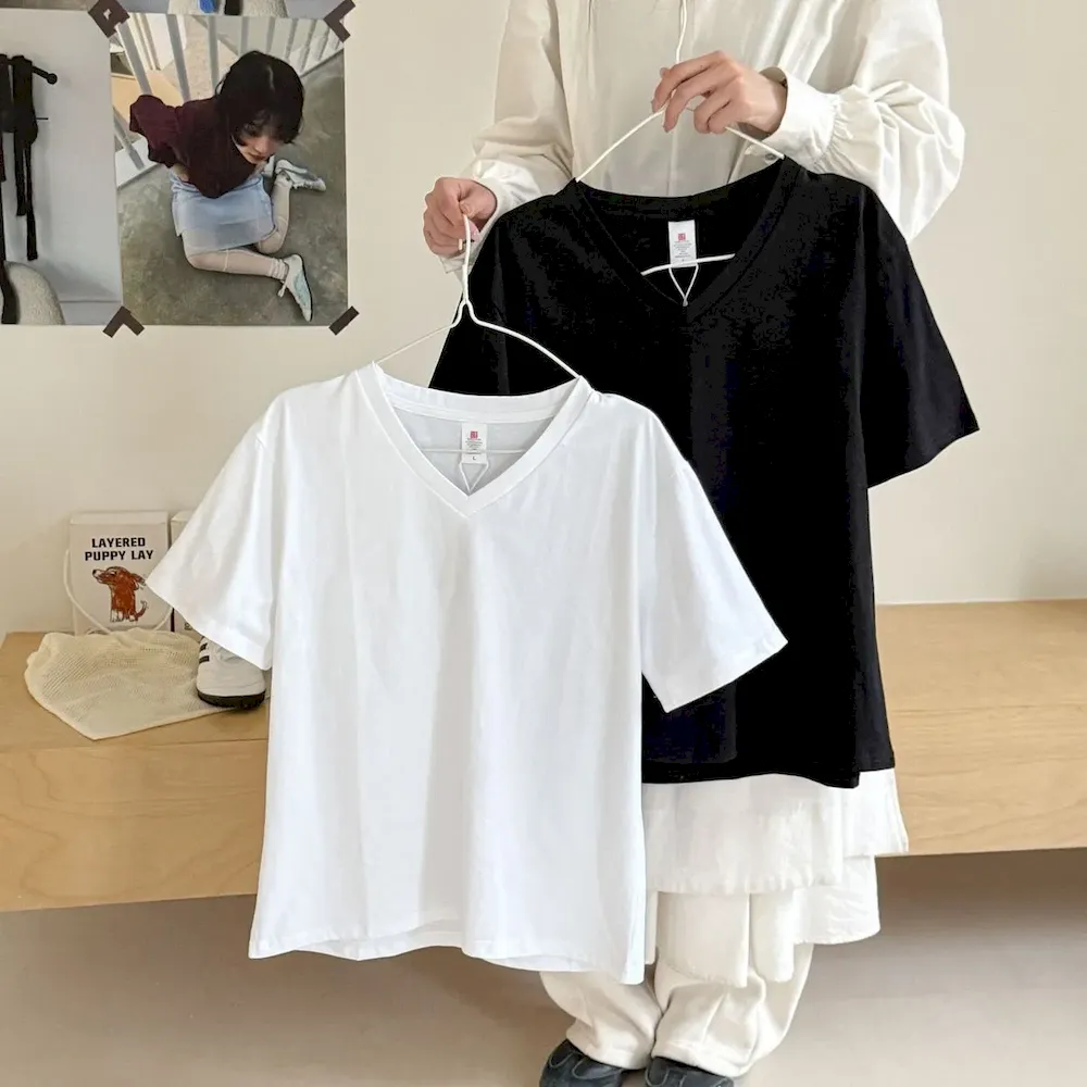 Women Fashion Casual Solid Color Cotton V-Neck Short-Sleeve T-Shirt