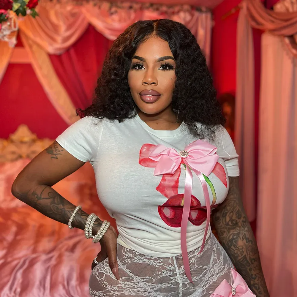 Women Fashion Sexy Cherry Printed Bowknot Round Neck Short-Sleeve T-Shirt