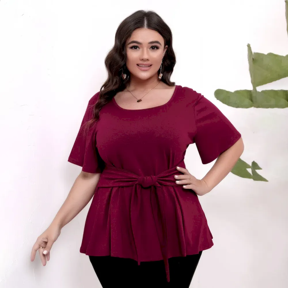 Women Casual Plus Size Solid Color Round Neck Short-Sleeve Lace-Up T-Shirt