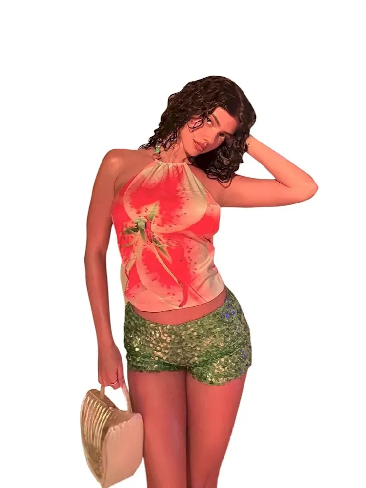 Women Summer Fashion Floral Printed Sleeveless Backless Halter Neck Camis - Image 5