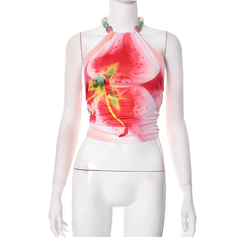 Women Summer Fashion Floral Printed Sleeveless Backless Halter Neck Camis - Image 6