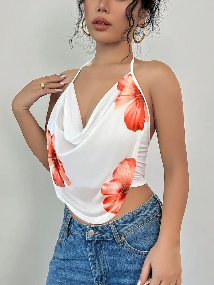 Sexy Women Summer Holiday Style Floral Halter Neck Camis - Image 3