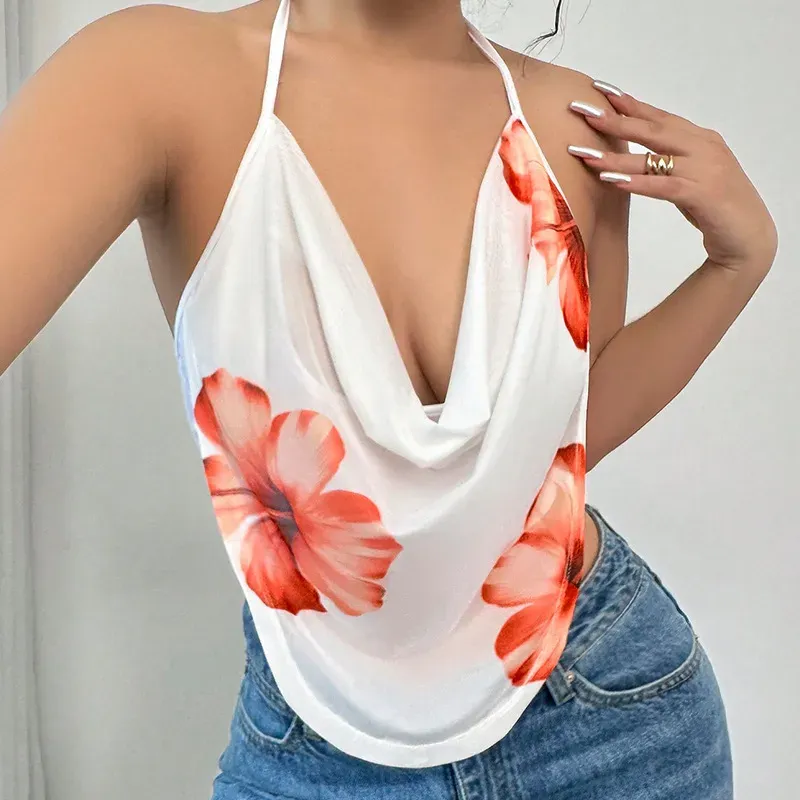 Sexy Women Summer Holiday Style Floral Halter Neck Camis - Image 6