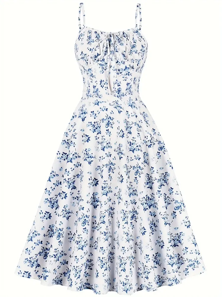 Women Fashion Elegant Floral Printed Spaghetti Strap Loose Dress - Image 3