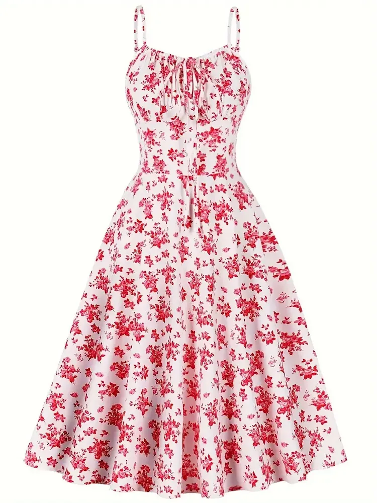 Women Fashion Elegant Floral Printed Spaghetti Strap Loose Dress - Image 4
