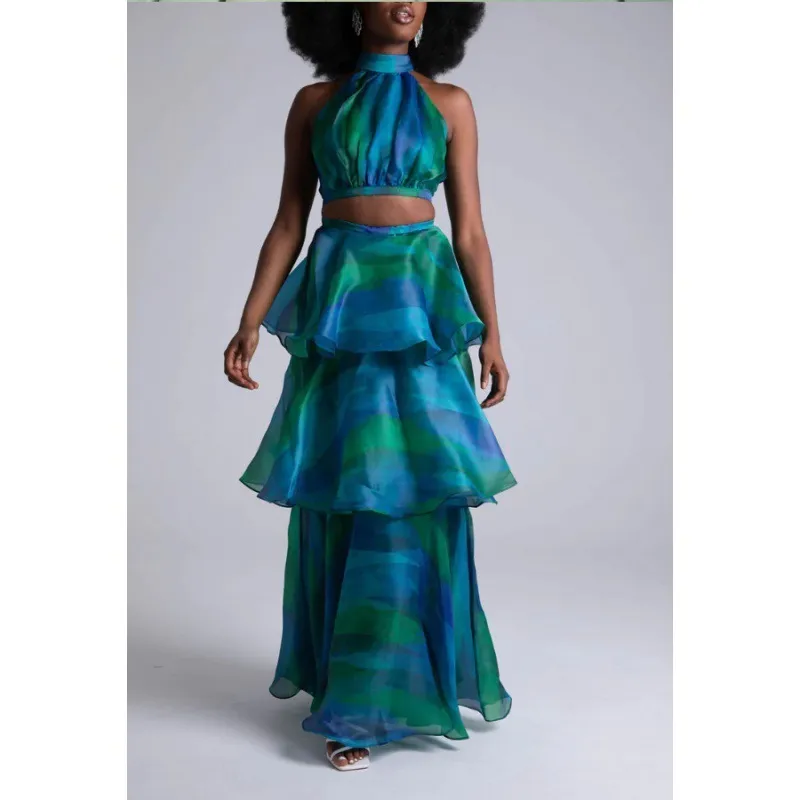 Women Fashion Elegant Printed Round Neck Sleeveless Ruffled Dress - Image 3