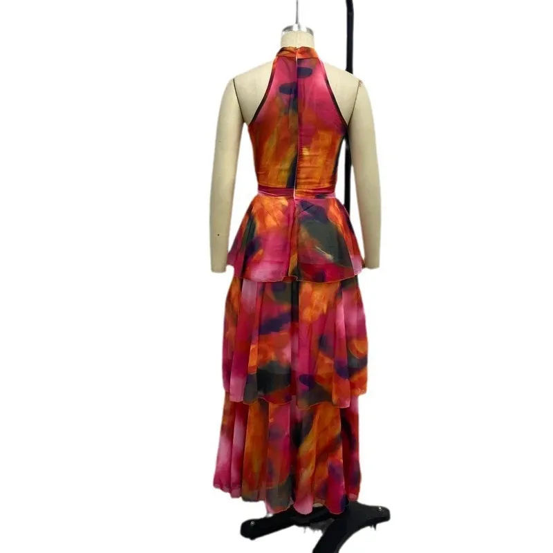 Women Fashion Elegant Printed Round Neck Sleeveless Ruffled Dress - Image 5