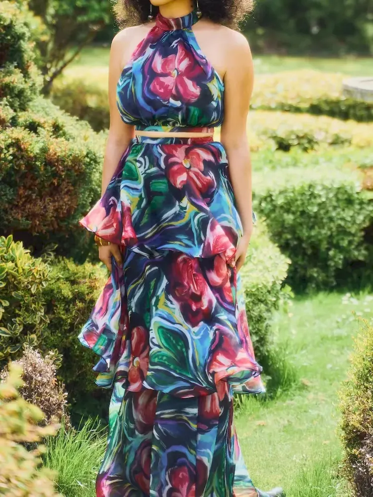 Women Fashion Elegant Printed Round Neck Sleeveless Ruffled Dress - Image 8