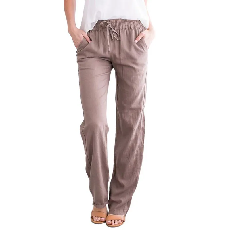 Women Casual Solid Color Cotton And Linen Drawstring Loose Wide-Leg Pants - Image 7