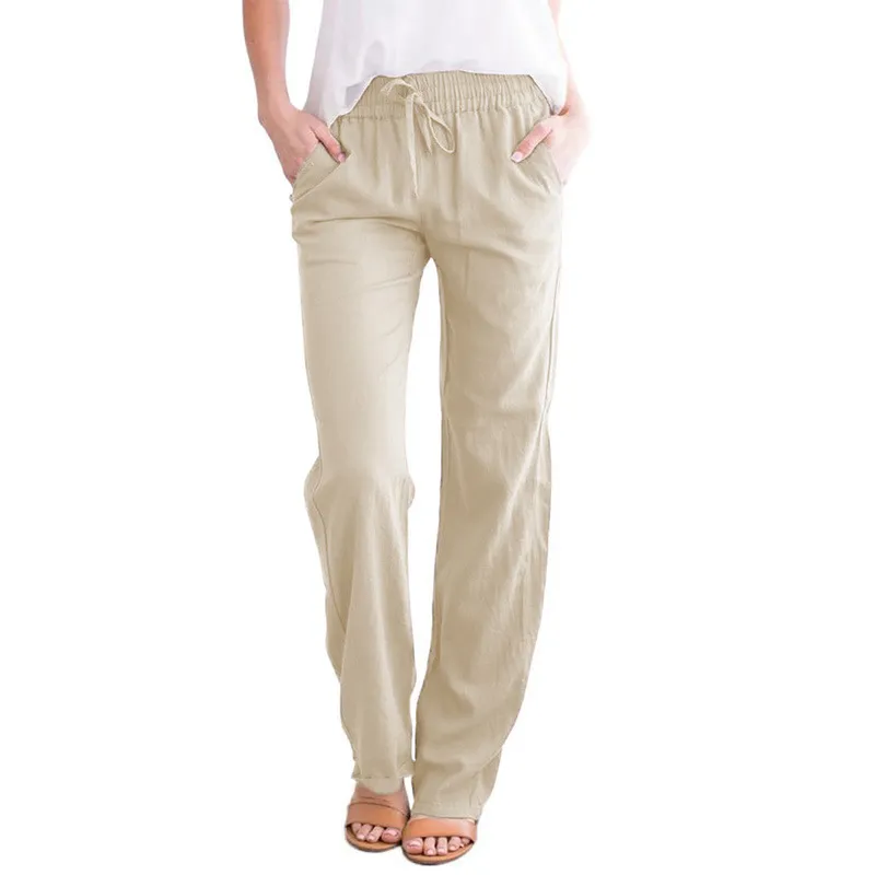 Women Casual Solid Color Cotton And Linen Drawstring Loose Wide-Leg Pants - Image 11