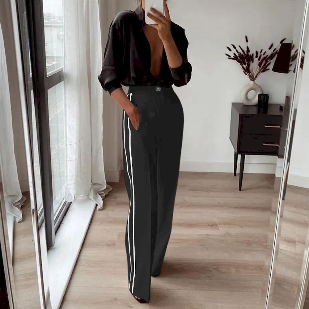 Women Fashion Casual Contrast Color Straight Pants - Image 5