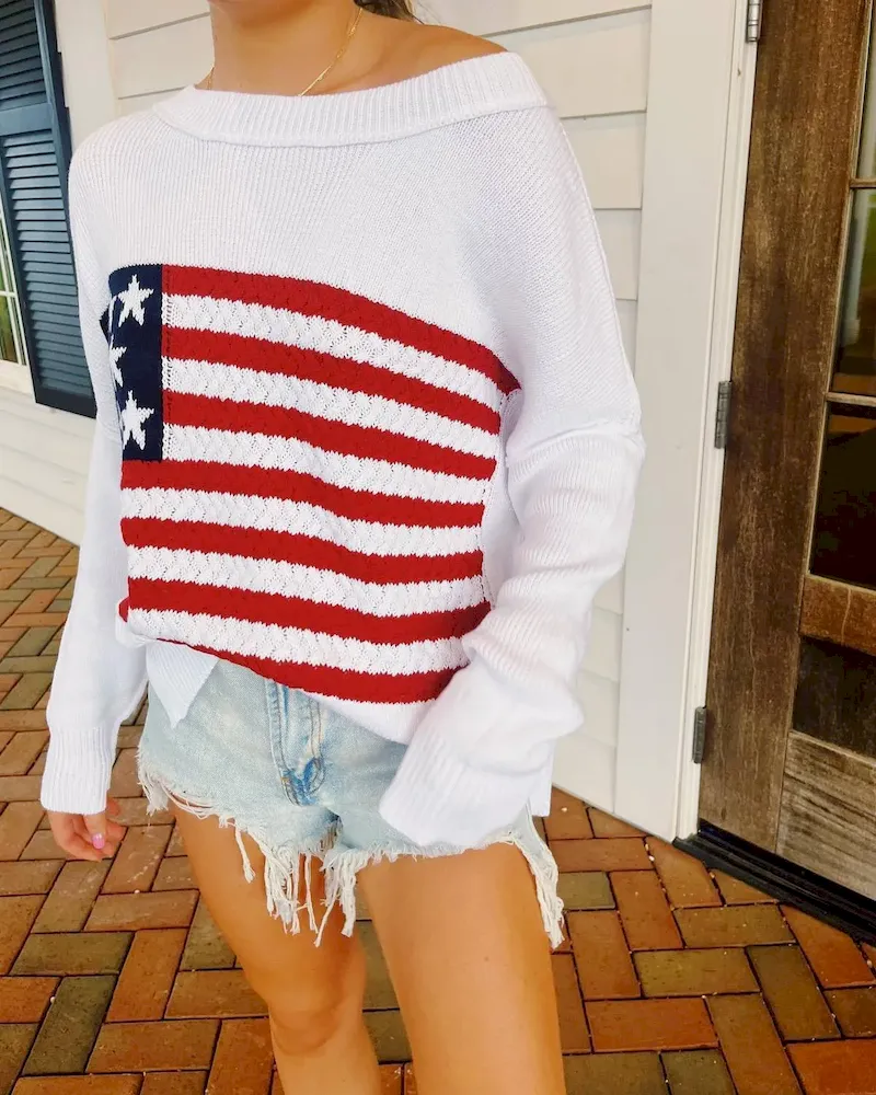 Women Fashion Casual Five-Pointed Star Stripe Flag Long-Sleeve Sweater - Image 6