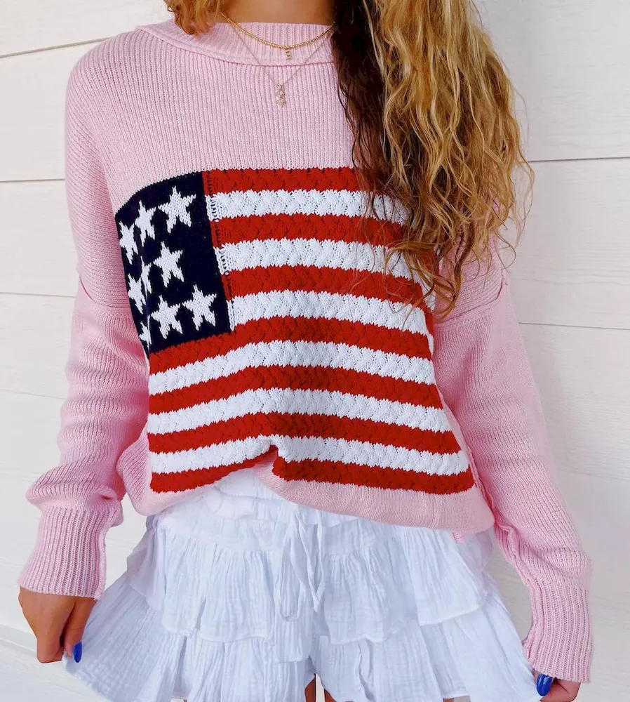 Women Fashion Casual Five-Pointed Star Stripe Flag Long-Sleeve Sweater - Image 8