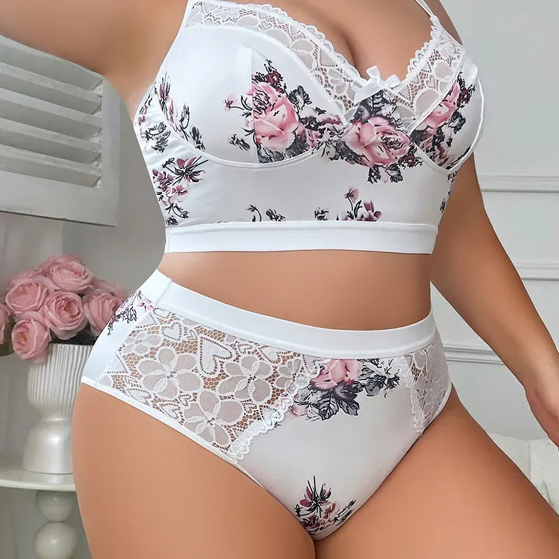 Plus Size Women Fashion Floral Printing Lace Stitching Underwear Two-Piece Set - Image 3