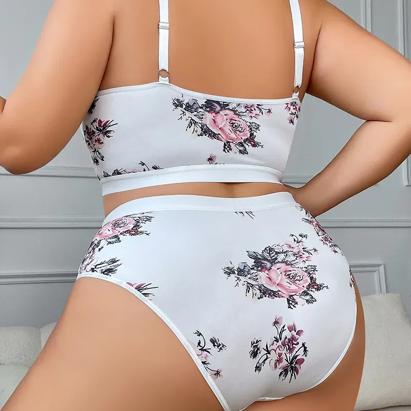 Plus Size Women Fashion Floral Printing Lace Stitching Underwear Two-Piece Set - Image 4