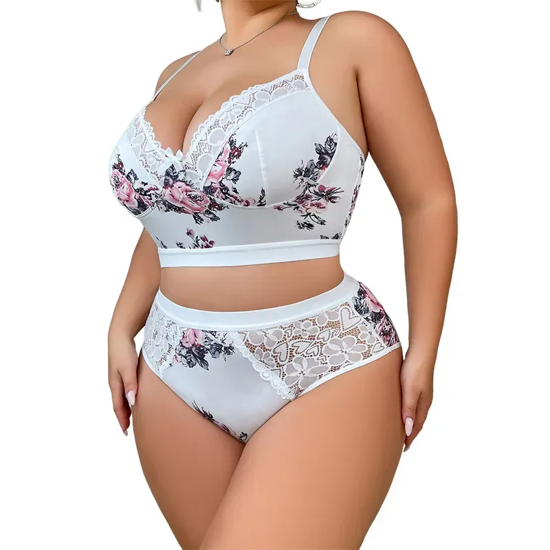Plus Size Women Fashion Floral Printing Lace Stitching Underwear Two-Piece Set - Image 5
