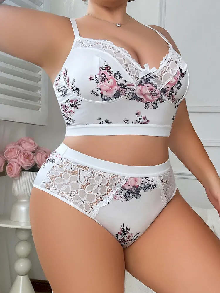 Plus Size Women Fashion Floral Printing Lace Stitching Underwear Two-Piece Set - Image 6