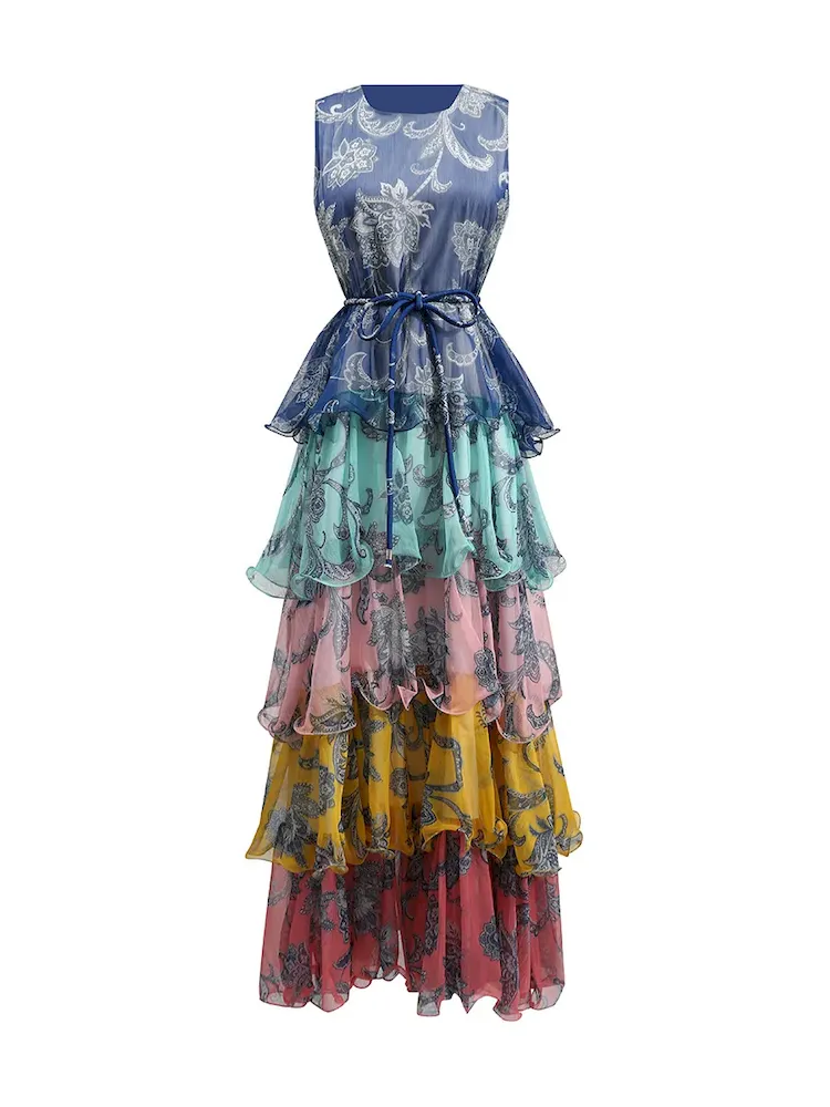 Women Fashion Elegant Boho Floral Printed Ruffled Sleeveless Dress - Image 3