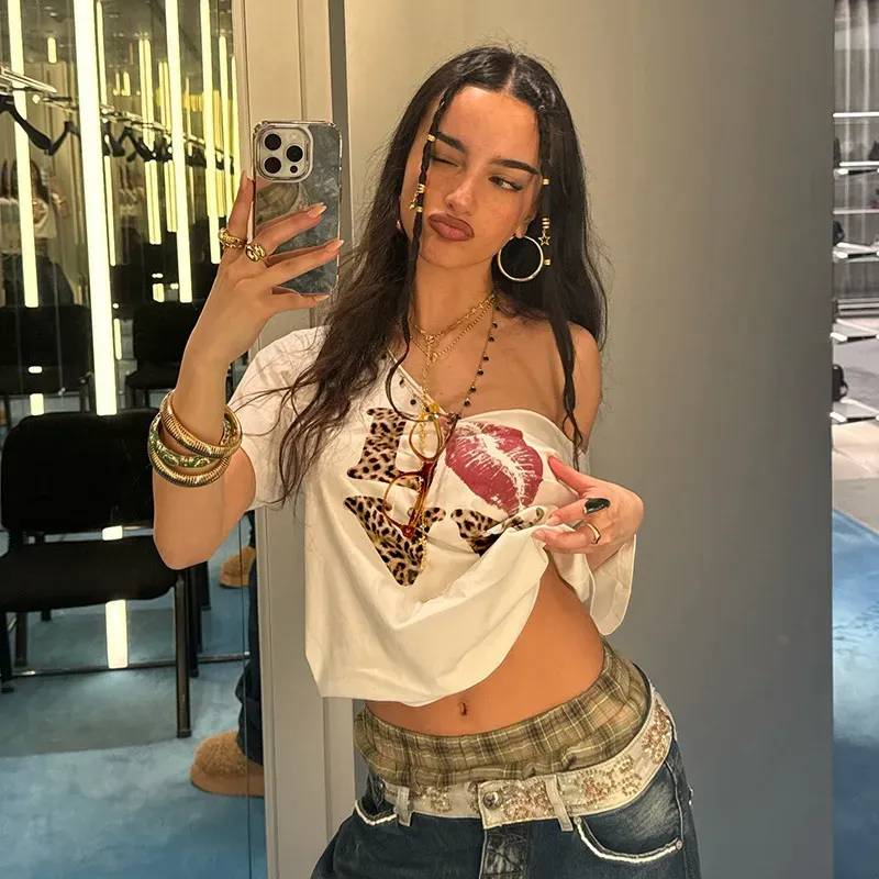 Y2k Women Off-Shoulder V-Neck Loose Casual Love Lip Leopard T-Shirt