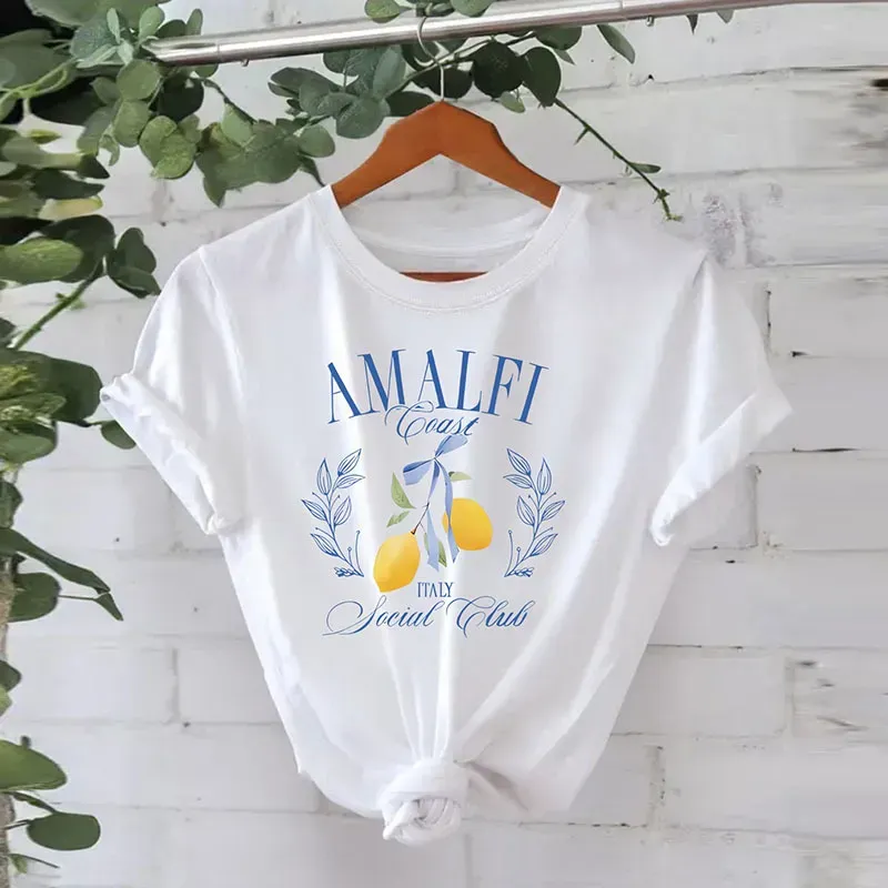 Women Pure Cotton Summer Short Sleeve Round Neck Lemon Pattern Printed T-Shirt