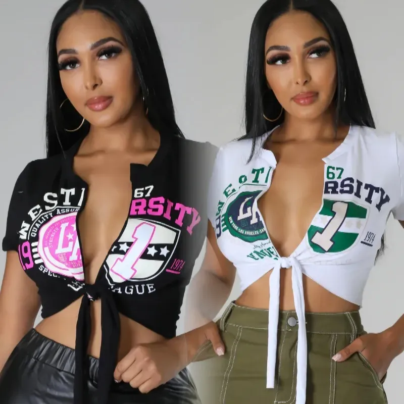 Women Sexy Short Sleeve Knotted Crop Top - Image 2