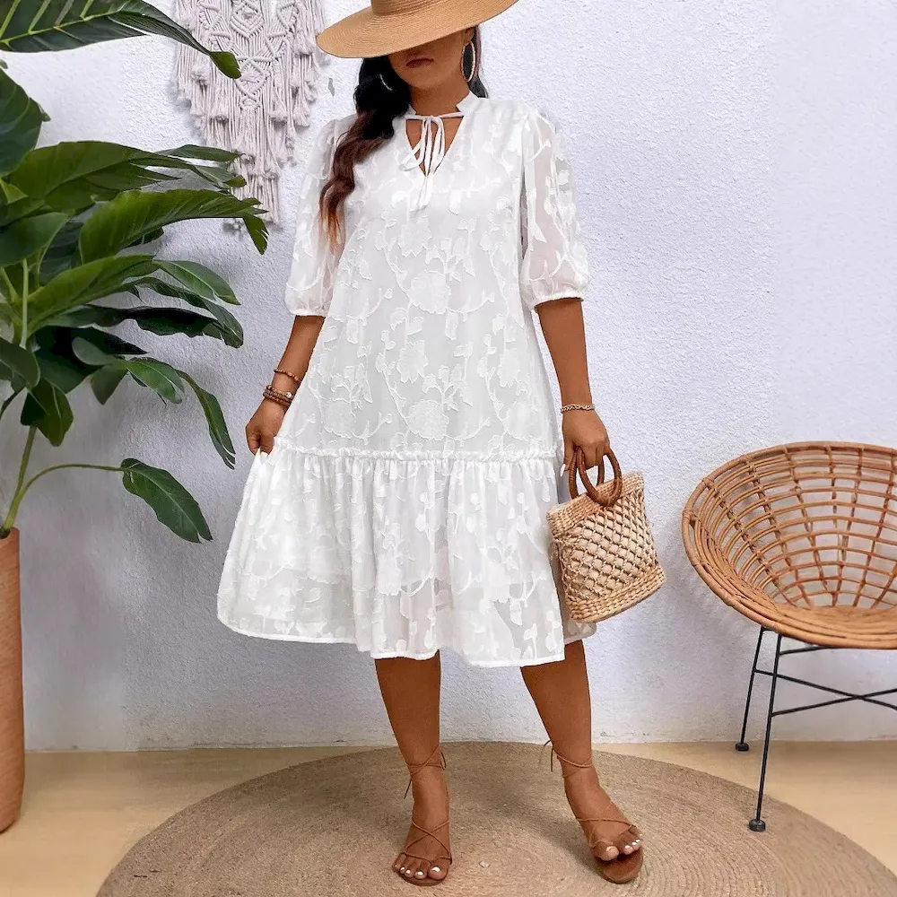 Women Fashion Elegant Plus Size Jacquard Stitching V-Neck Short-Sleeve Pleated Lace-Up Dress