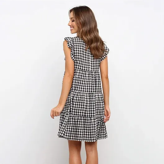 Women Fashion Causal Plaid Printed Sleeveless Loose Dress - Image 5
