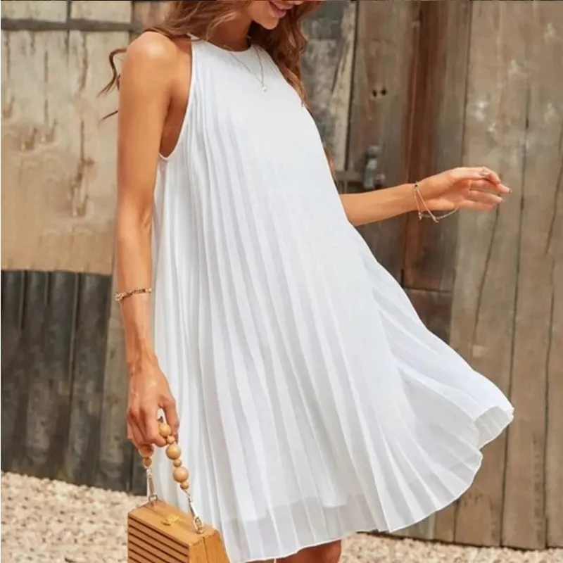 Women Fashion Elegant Solid Color Round Neck Sleeveless Pleated Dress - Image 4