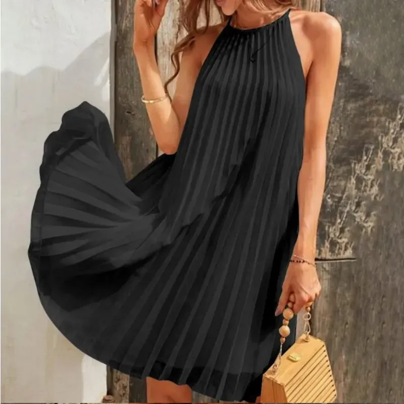 Women Fashion Elegant Solid Color Round Neck Sleeveless Pleated Dress - Image 5
