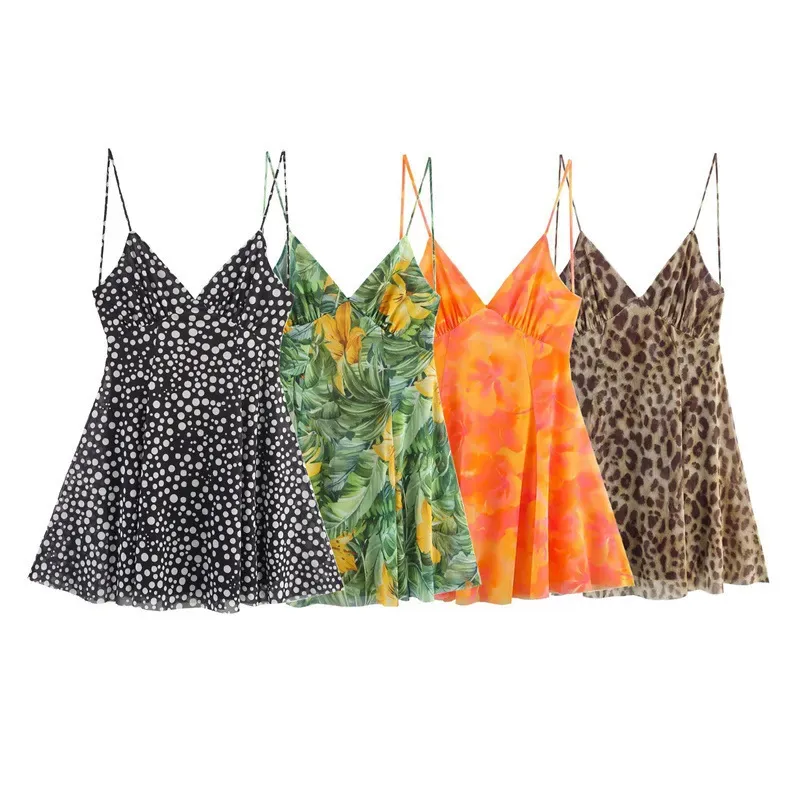 Vacation Summer Floral Leaf Leopard Polka Dot Printing Sling Dress