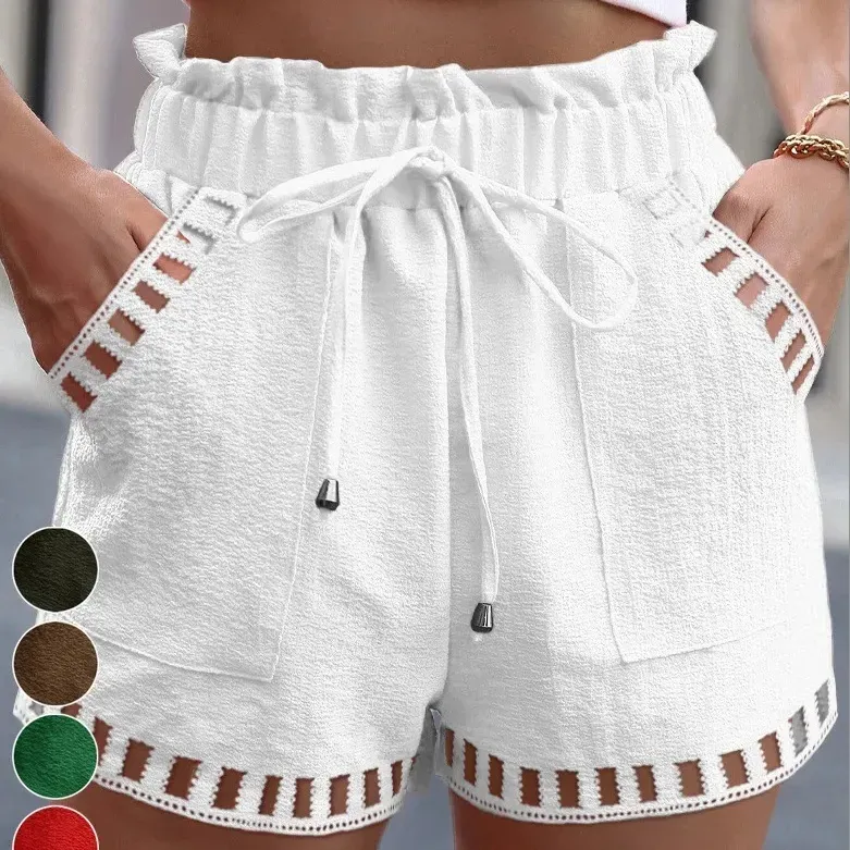 Women Casual Summer Cotton And Linen Solid Color Hollow Hem Shorts - Image 3