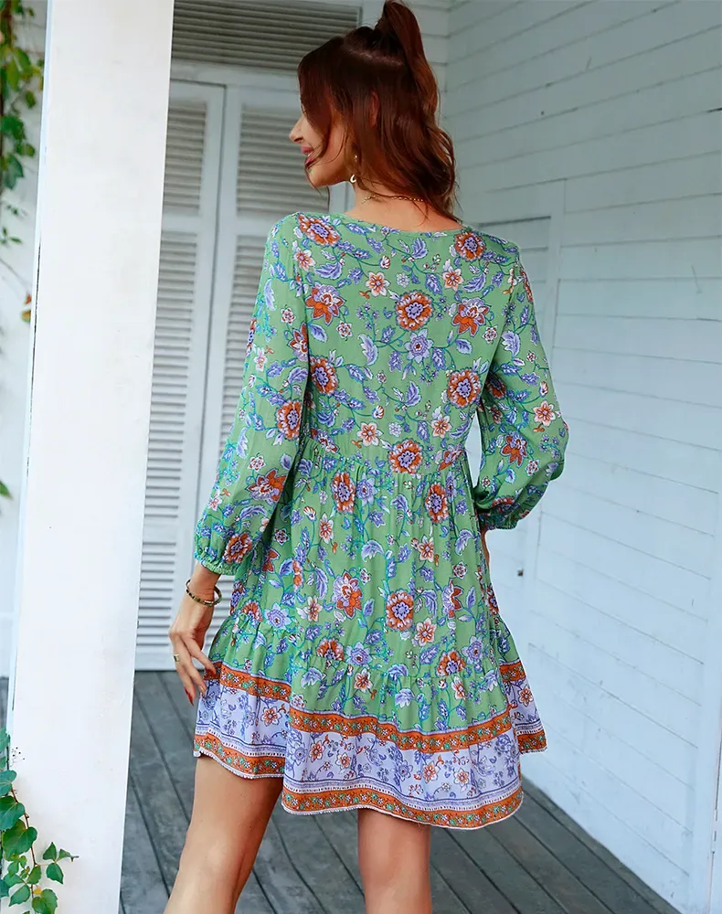 Women Casual Vacation Printed V-Neck Long-Sleeve Loose Dress - Image 4