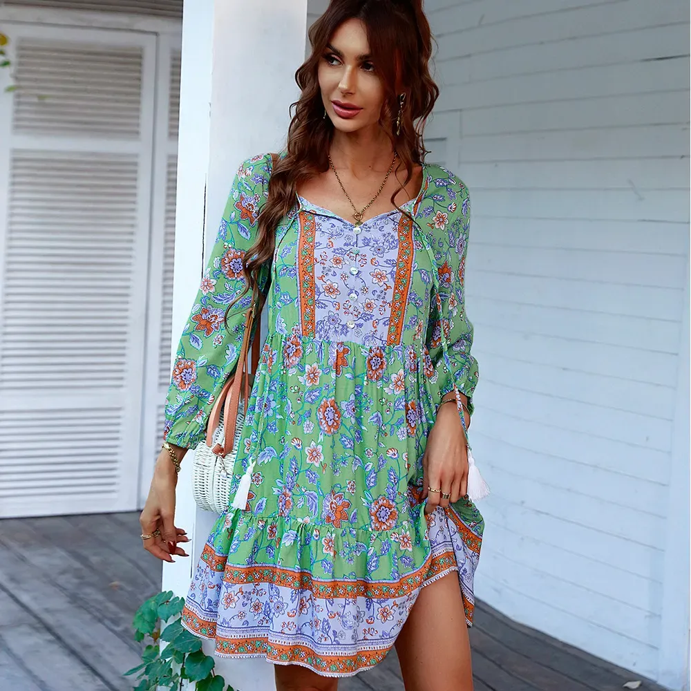 Women Casual Vacation Printed V-Neck Long-Sleeve Loose Dress - Image 6