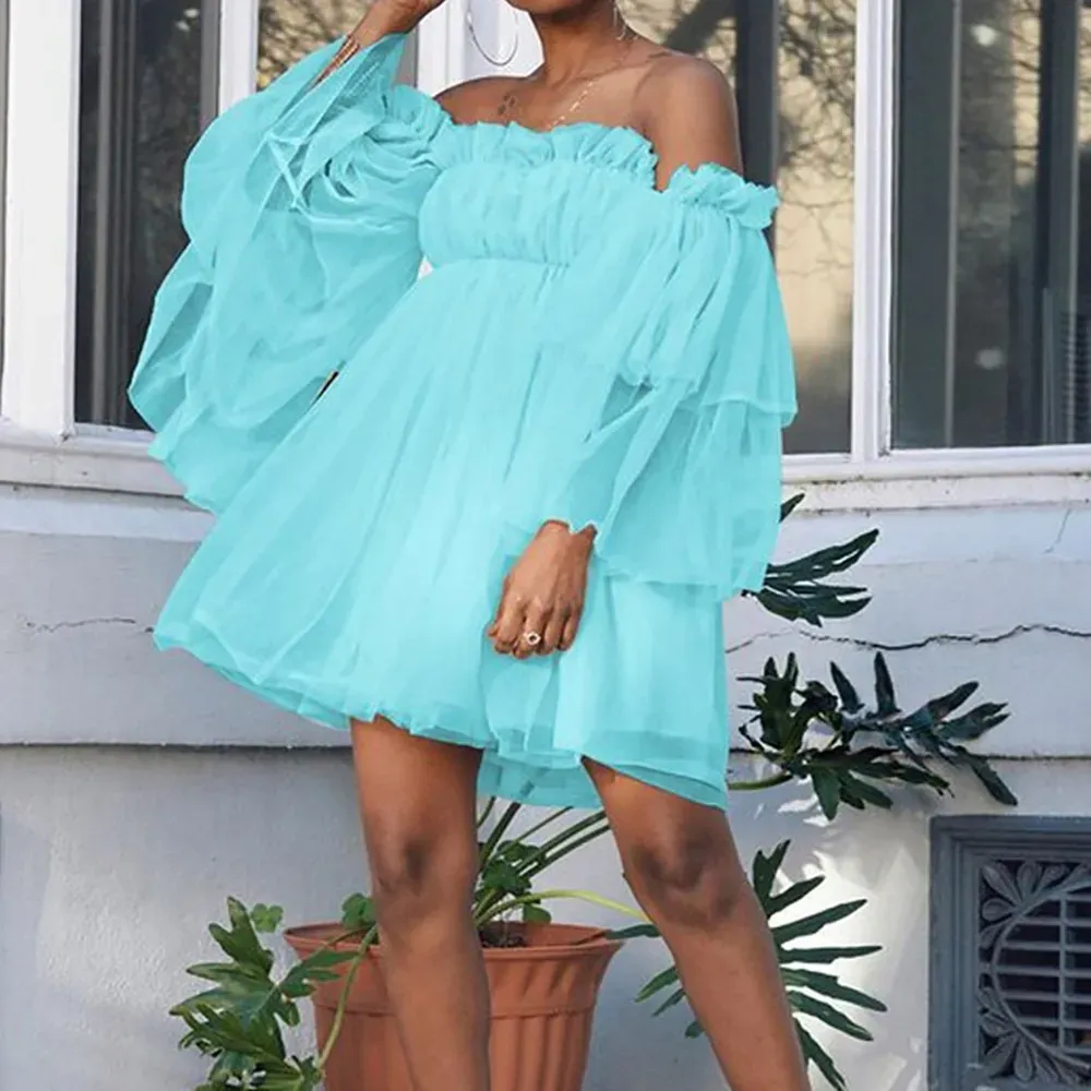 Women Fashion Elegant Solid Color Ruffled Off Shoulder Long-Sleeve Dress
