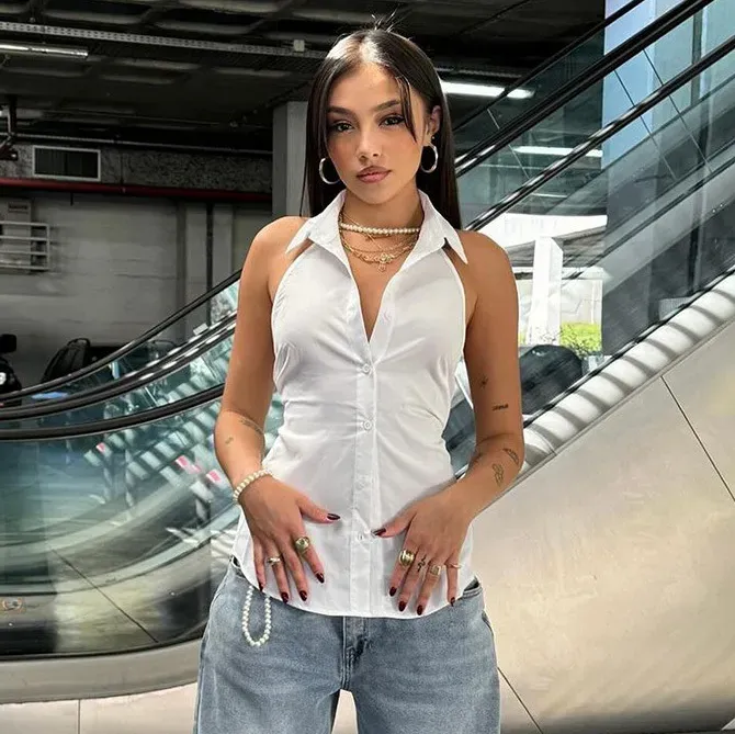 Women Fashion Sexy Solid Color Halter-Neck Sleeveless Backless Lace-Up Blouse